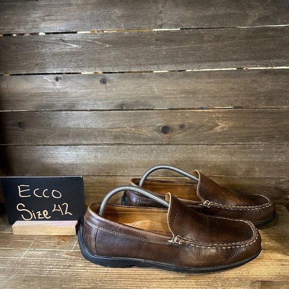 Mens Ecco Brown Leather Slip On Casual Shoes Driving Loafers Size EU 42 US 8-8.5